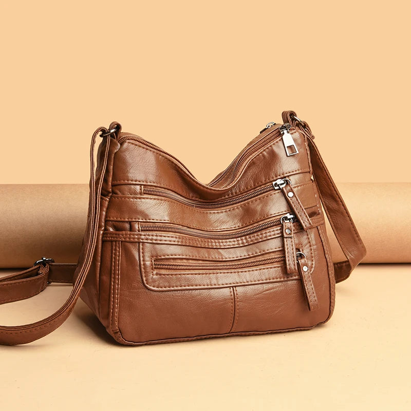Soft Leather Shoulder Bags Multi-Layer Crossbody Handbag Purse