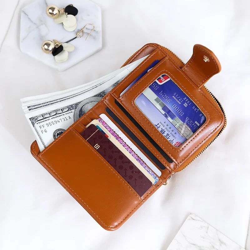 Women Oil Wax Leather Wallets Short Wallet Small Card Bag