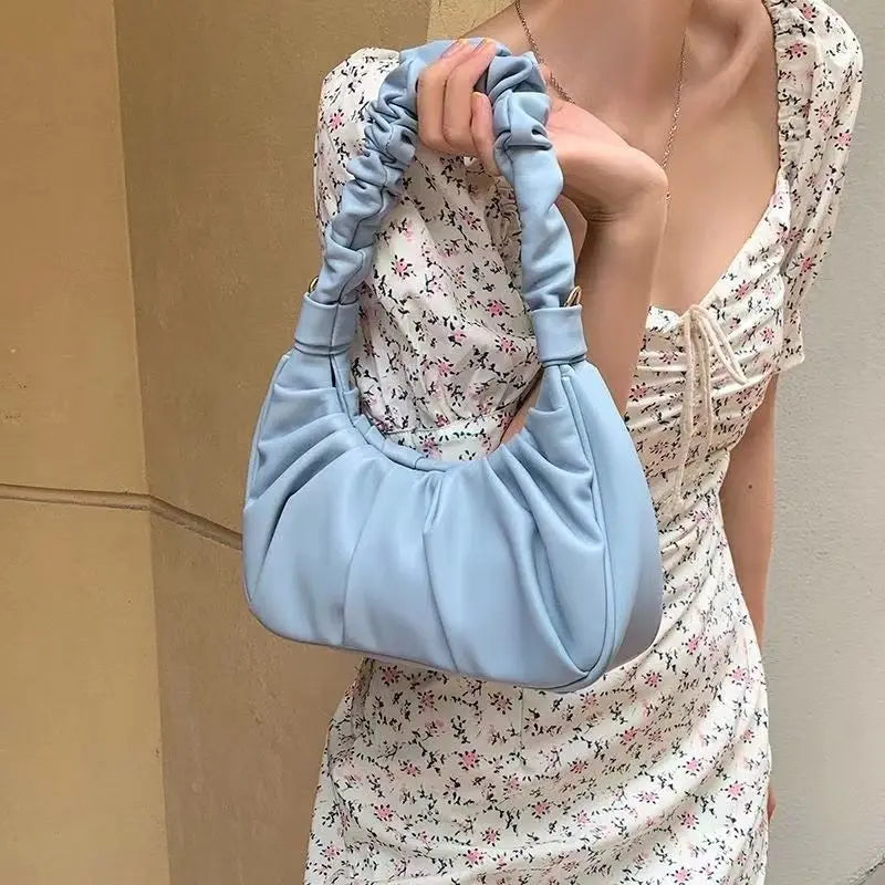 Cloud Purple Pleated Tote Bag Women Beige Leather Shoulder Bags