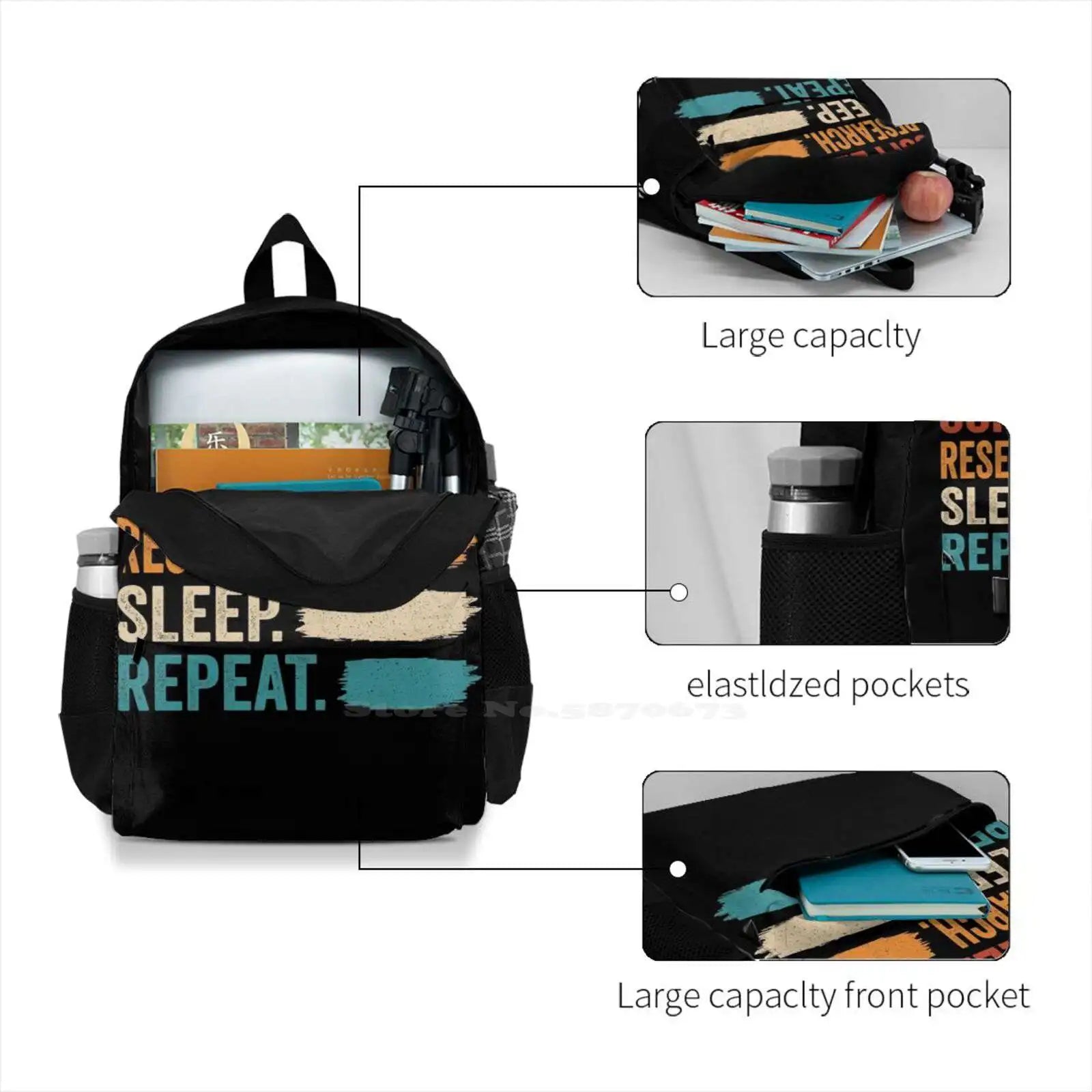 Coffee Research Sleep Repeat Teen College Student Backpack Laptop Travel Bags