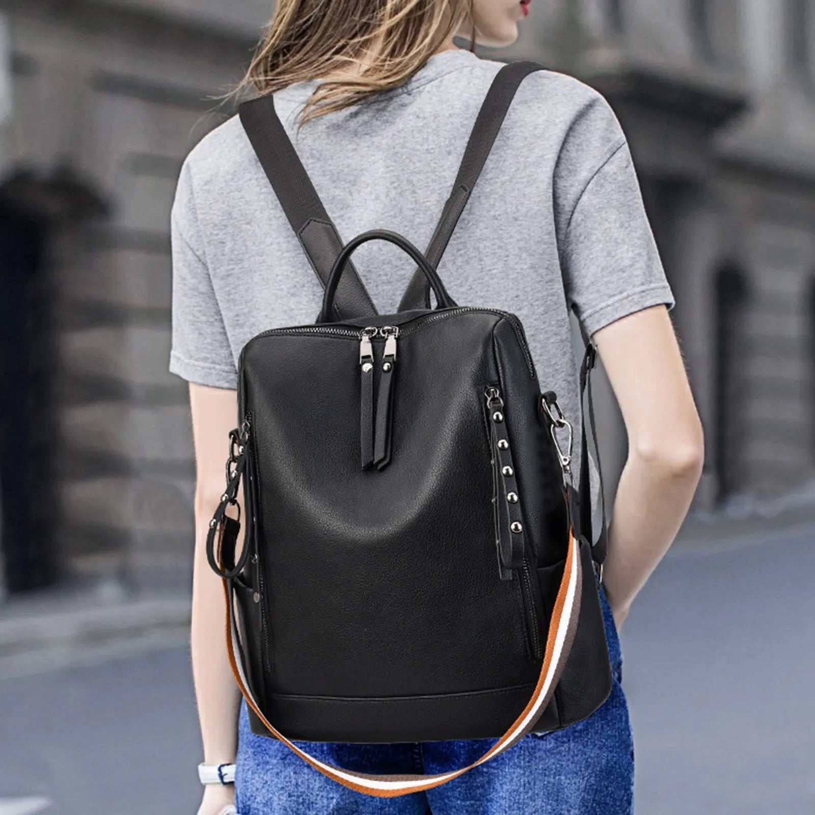 College Style Casual Leather Backpack Waterproof Travel Backpack