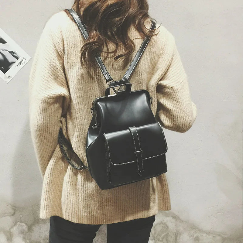 College Wind Retro Women Backpacks PU Leather Shoulder Bags School Travel Rucksa