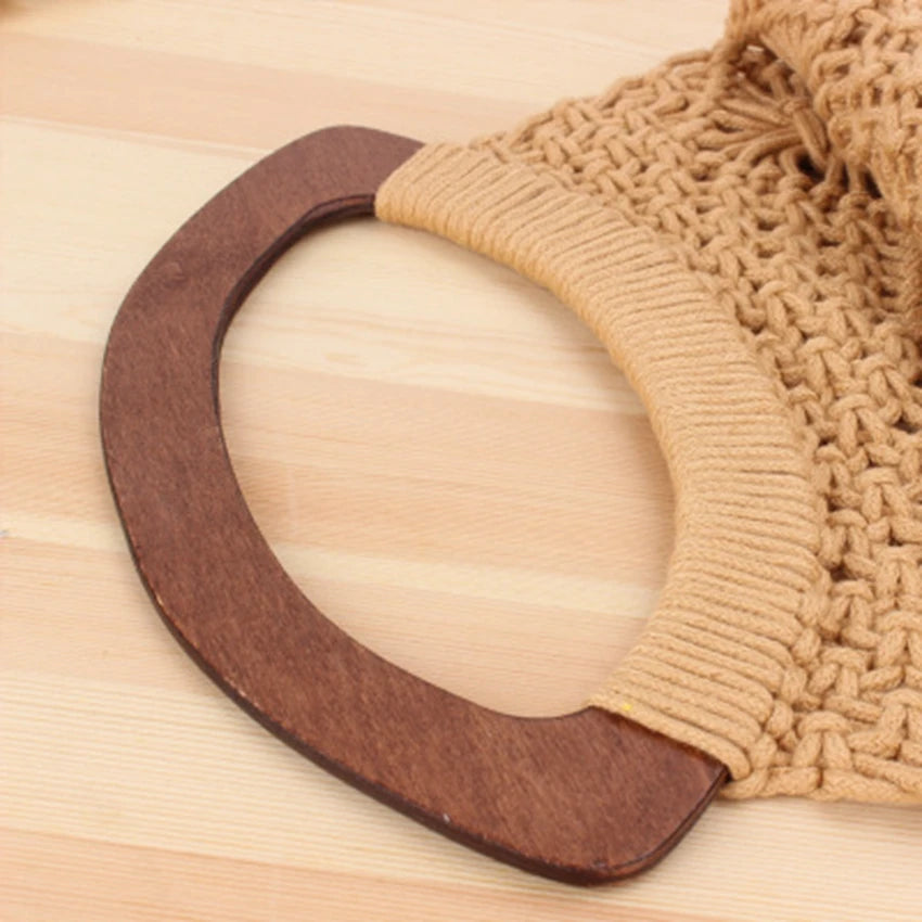 College Cotton Rope Net Bag Woven Bag Retro Portable Straw Beach Bag