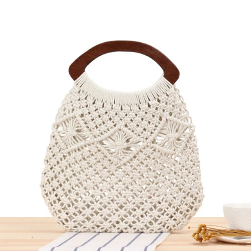 College Cotton Rope Net Bag Woven Bag Retro Portable Straw Beach Bag