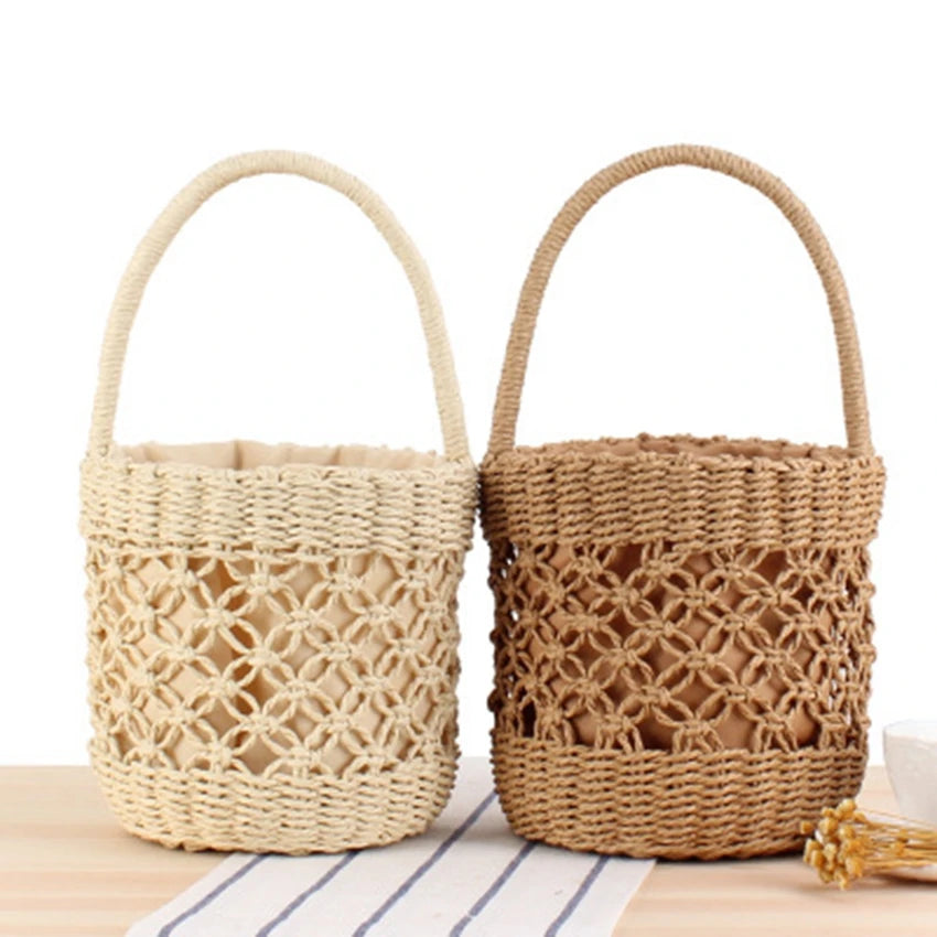 College Portable Bucket Woven Bag Hand-Carved Hollow Straw Bag