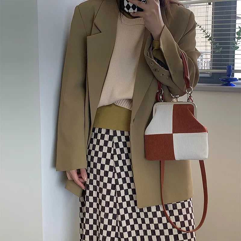 Checkerboard Corduroy Bag for Women Small Retro Shoulder Messenger Bag