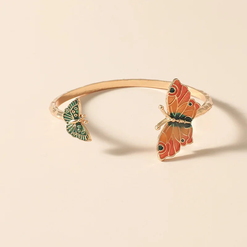 Enamel Butterfly Adjustable Bangle Charm Bracelet Vintage Jewelry