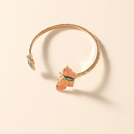 Enamel Butterfly Adjustable Bangle Charm Bracelet Vintage Jewelry