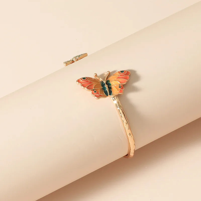 Enamel Butterfly Adjustable Bangle Charm Bracelet Vintage Jewelry