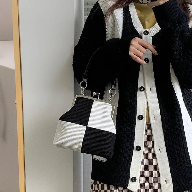 Checkered Corduroy Crossbody Bag for Women Retro Clip Small Messenger Bag