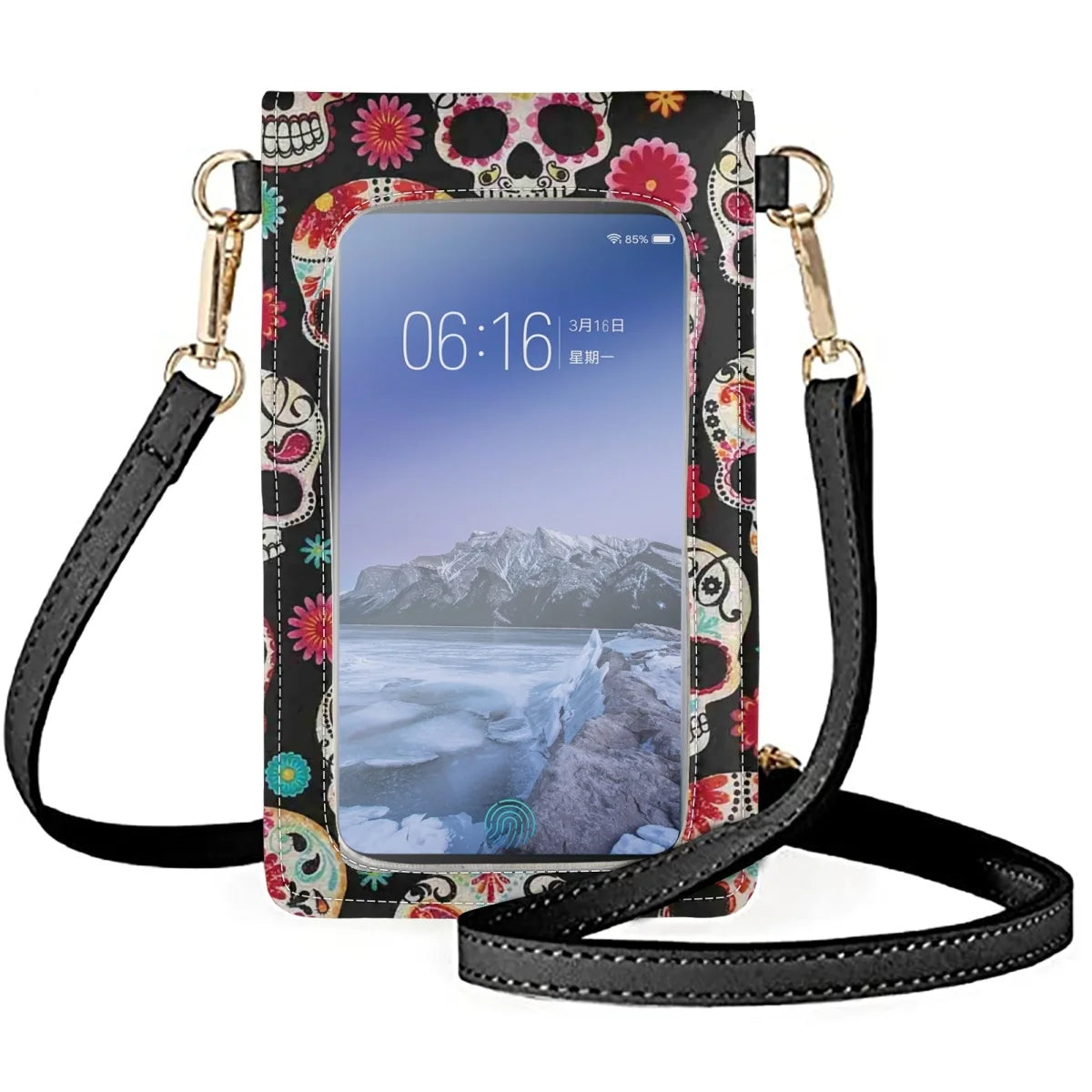 Coloranimal Red Rose Skull Women's Leather Messenger Bag