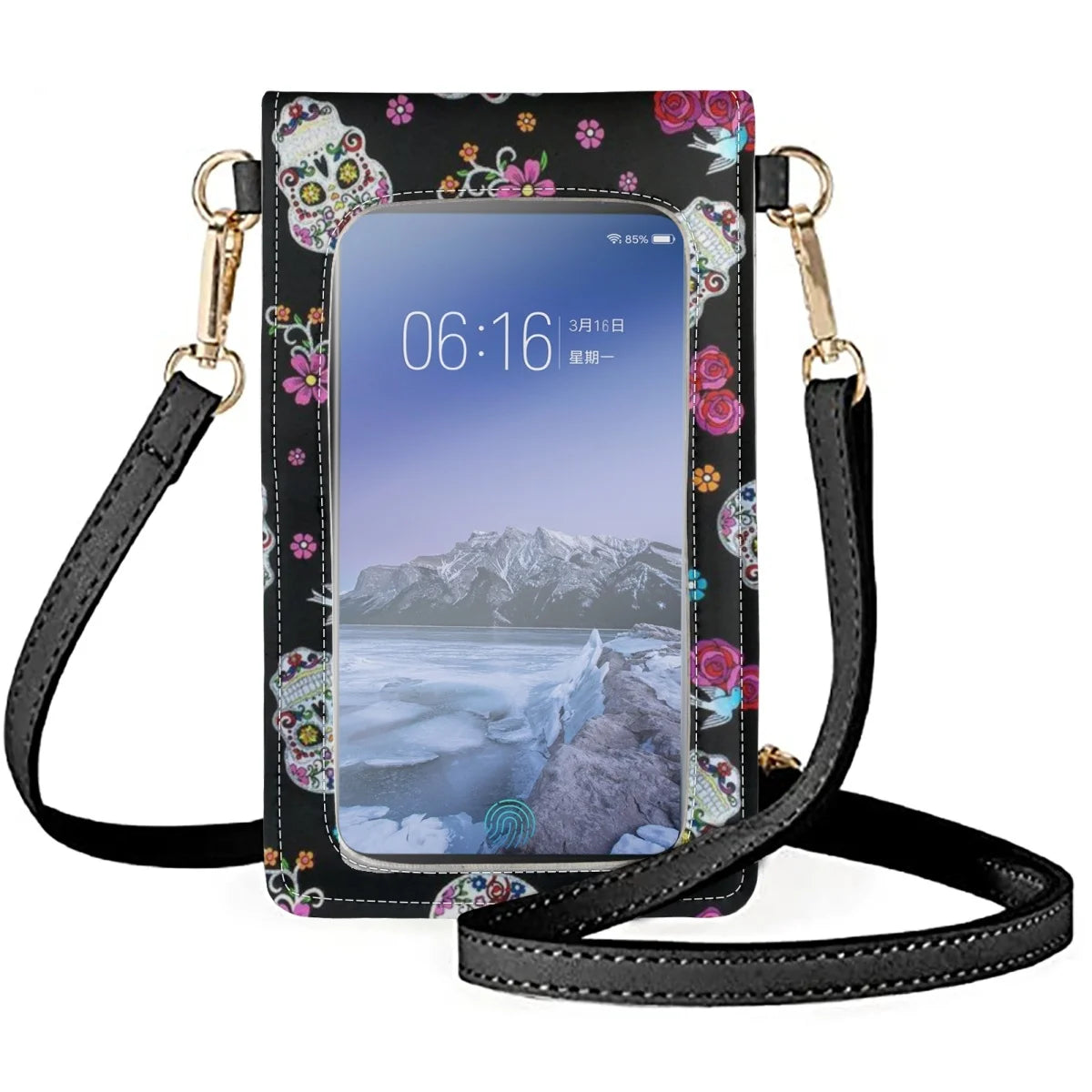 Coloranimal Skull Rose Long Leather Wallet Messenger Bag