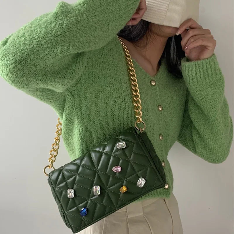 Colored Diamonds Shoulder Bag Chain Handbag Flap Small Tote Ladies Bag