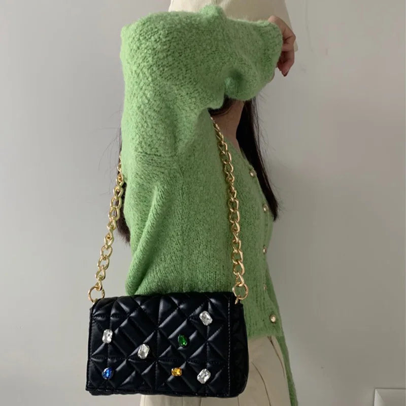 Colored Diamonds Shoulder Bag Chain Handbag Flap Small Tote Ladies Bag