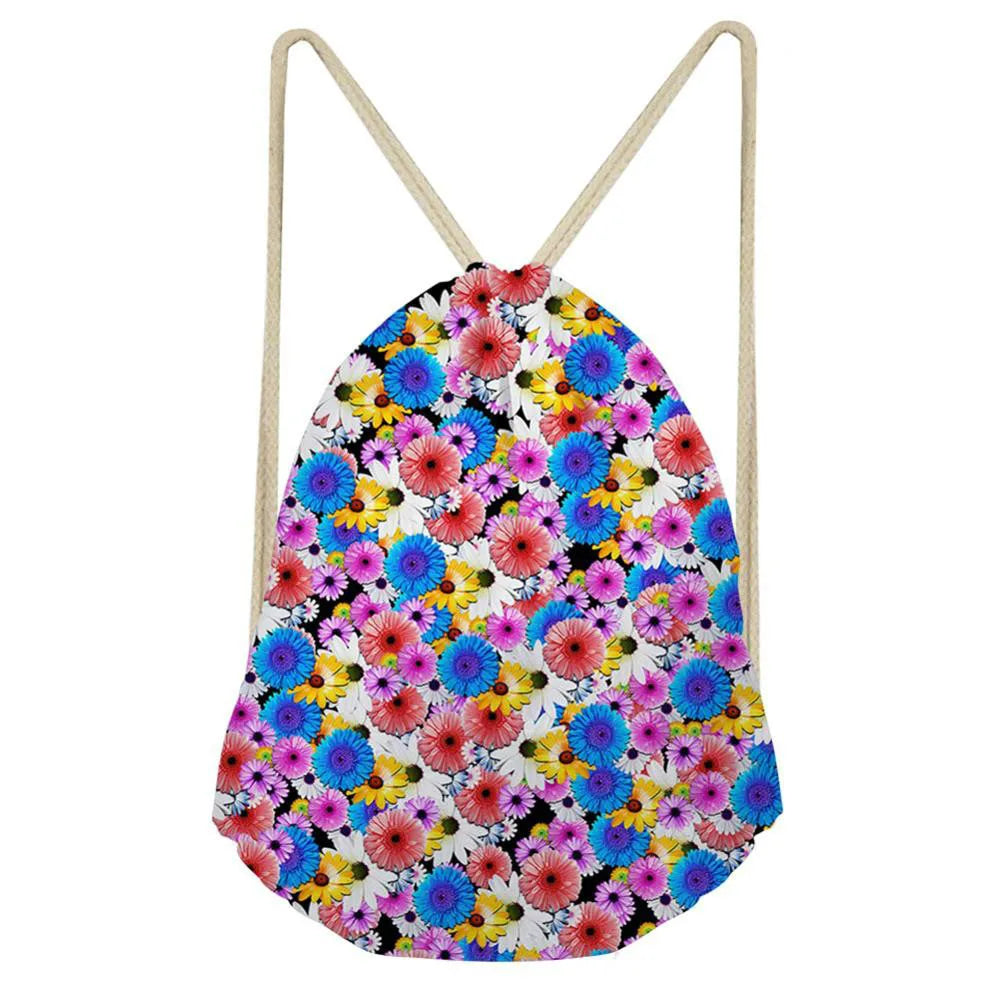 Flower Print Drawstring Backpack Casual Daypack Mochila