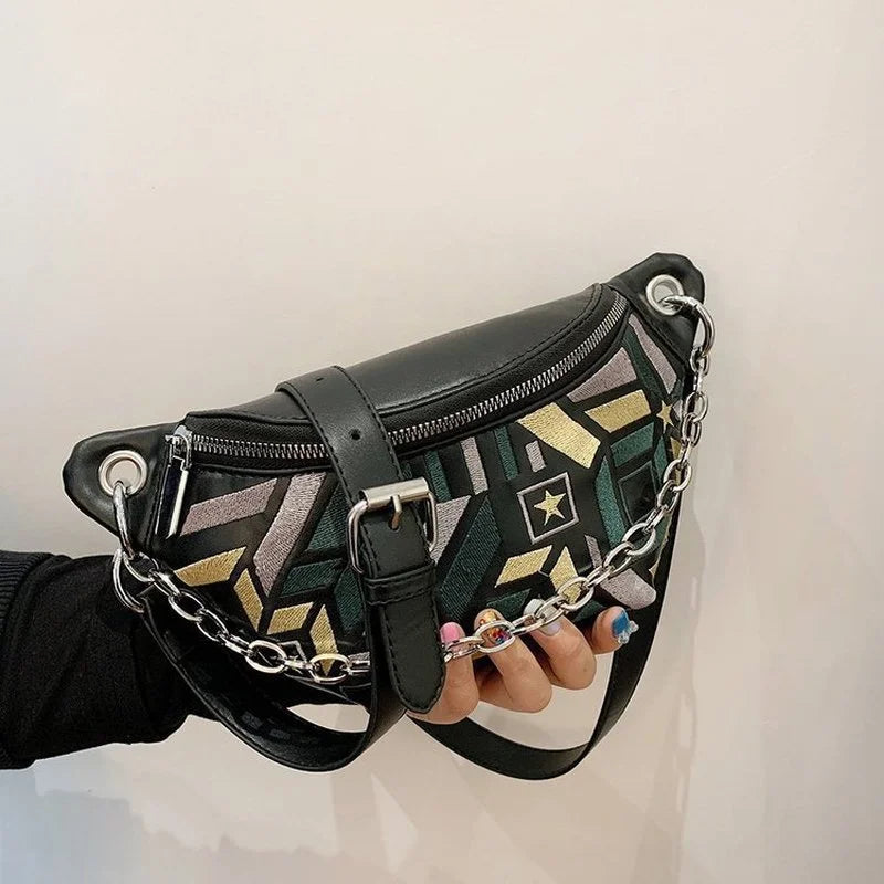 Colorful Geometric Pattern PU Leather Waist Bag Women Sport Fanny Pack