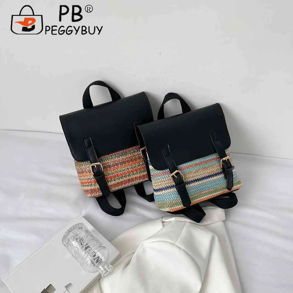 Colorful Straw Backpack for Women PU Leather Splicing