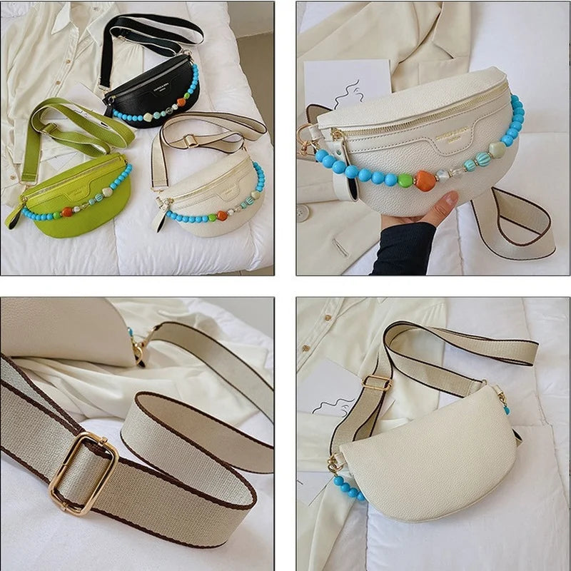 Colorful Beading Chain Waist Bag PU Leather Fanny Pack Female Stylish Waist Pack