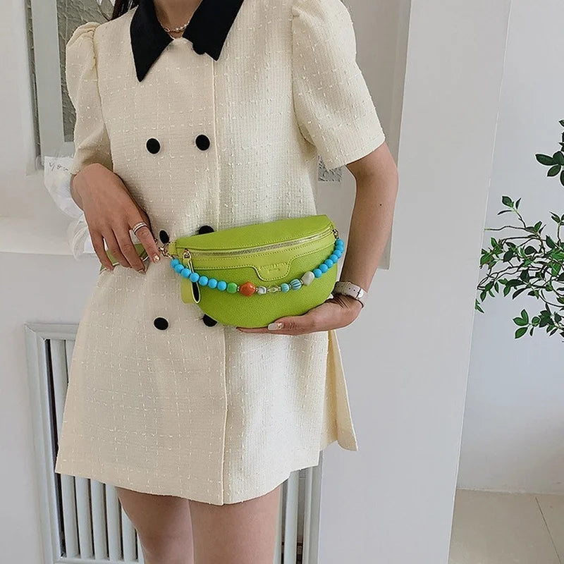 Colorful Beading Chain Waist Bag PU Leather Fanny Pack Female Stylish Waist Pack