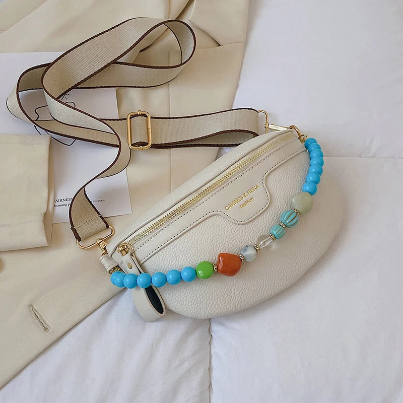 Colorful Beading Chain Waist Bag PU Leather Fanny Pack Female Stylish Waist Pack