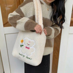 Comic Wool Shoulder Bag Embroidery Handbag Large Capacity