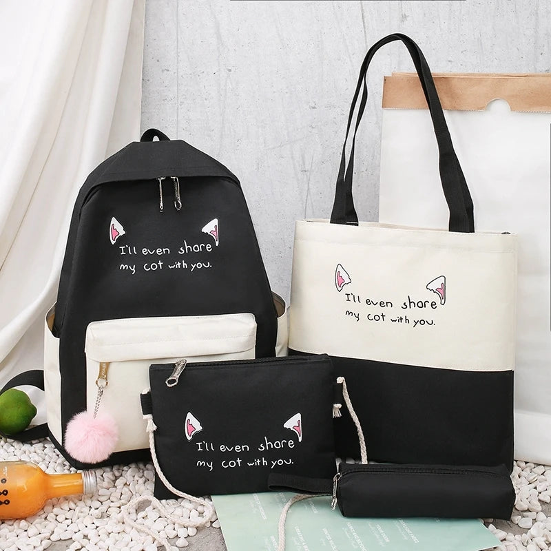 Canvas Backpack Set for Teen Girls Students 4pcs