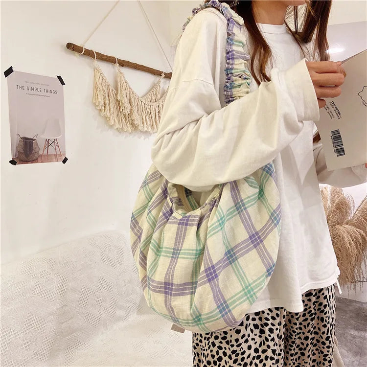Plaid Hobos Crossbody Bag for Women, Polyester Cotton Handbag