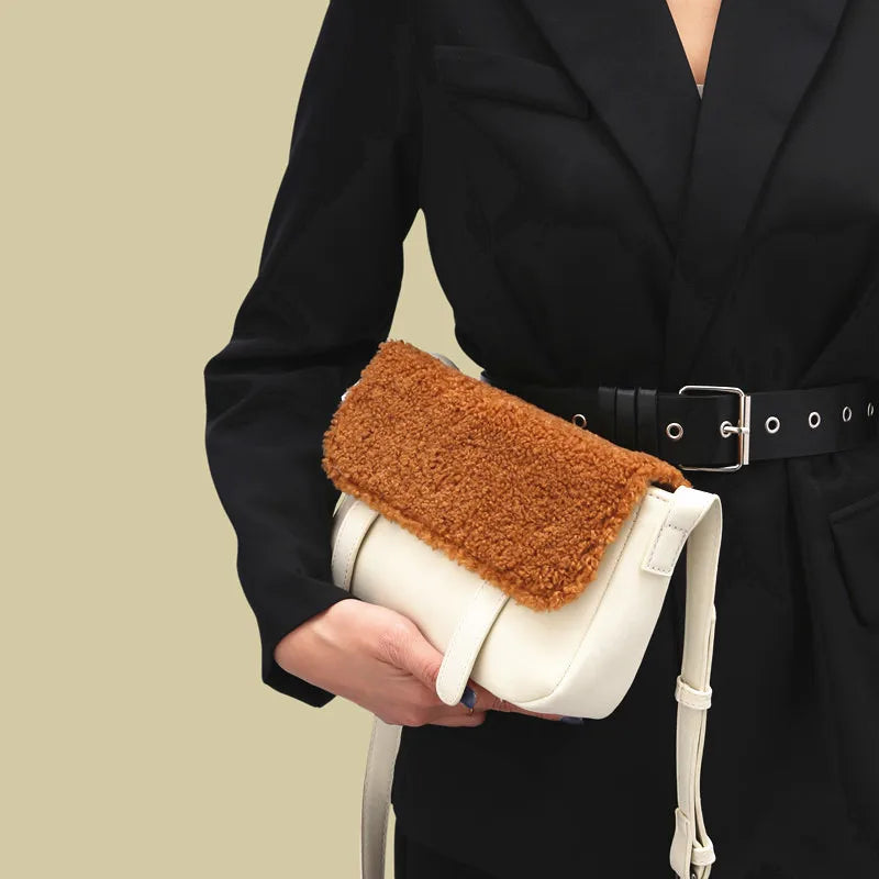 Wool Crossbody Bag Patchwork Handbag Women Shoulder Bag