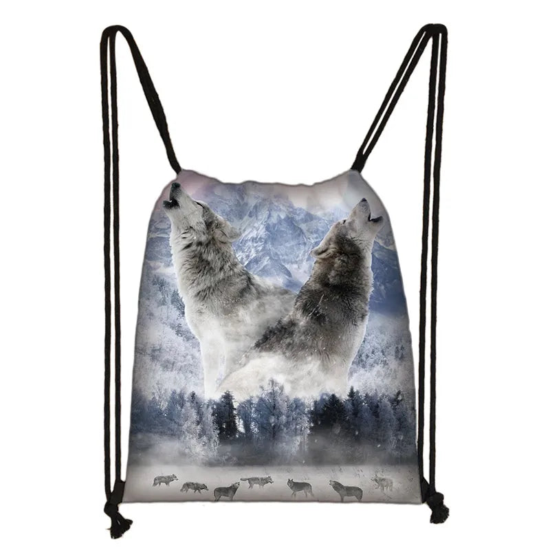 Howling Wolf Print Drawstring Bag Women Backpacks for Travelling