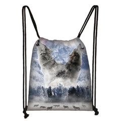 Howling Wolf Print Drawstring Bag Women Backpacks for Travelling