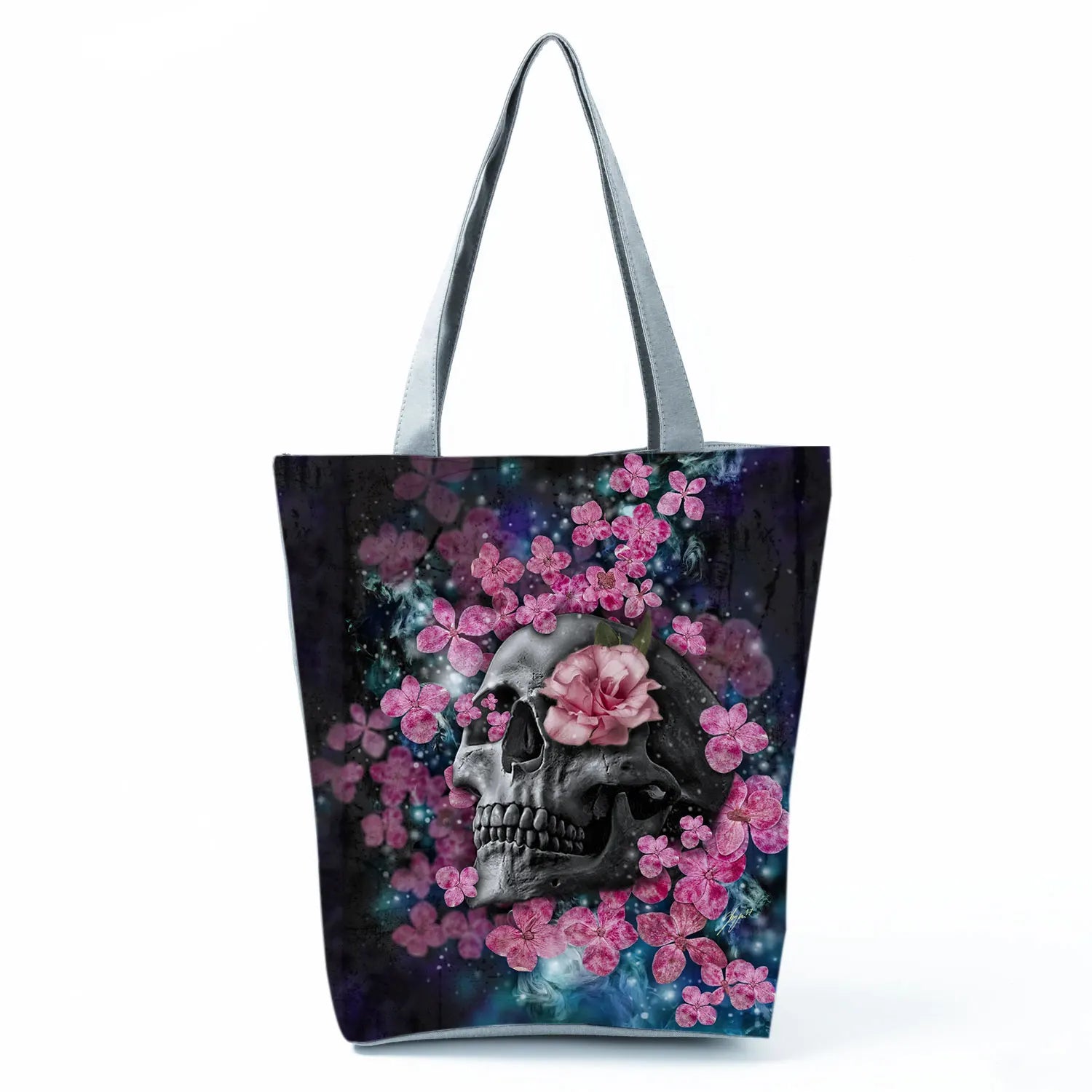 Polyester Handbag Halloween Tote Female Shoulder Bag Skull Floral Pattern