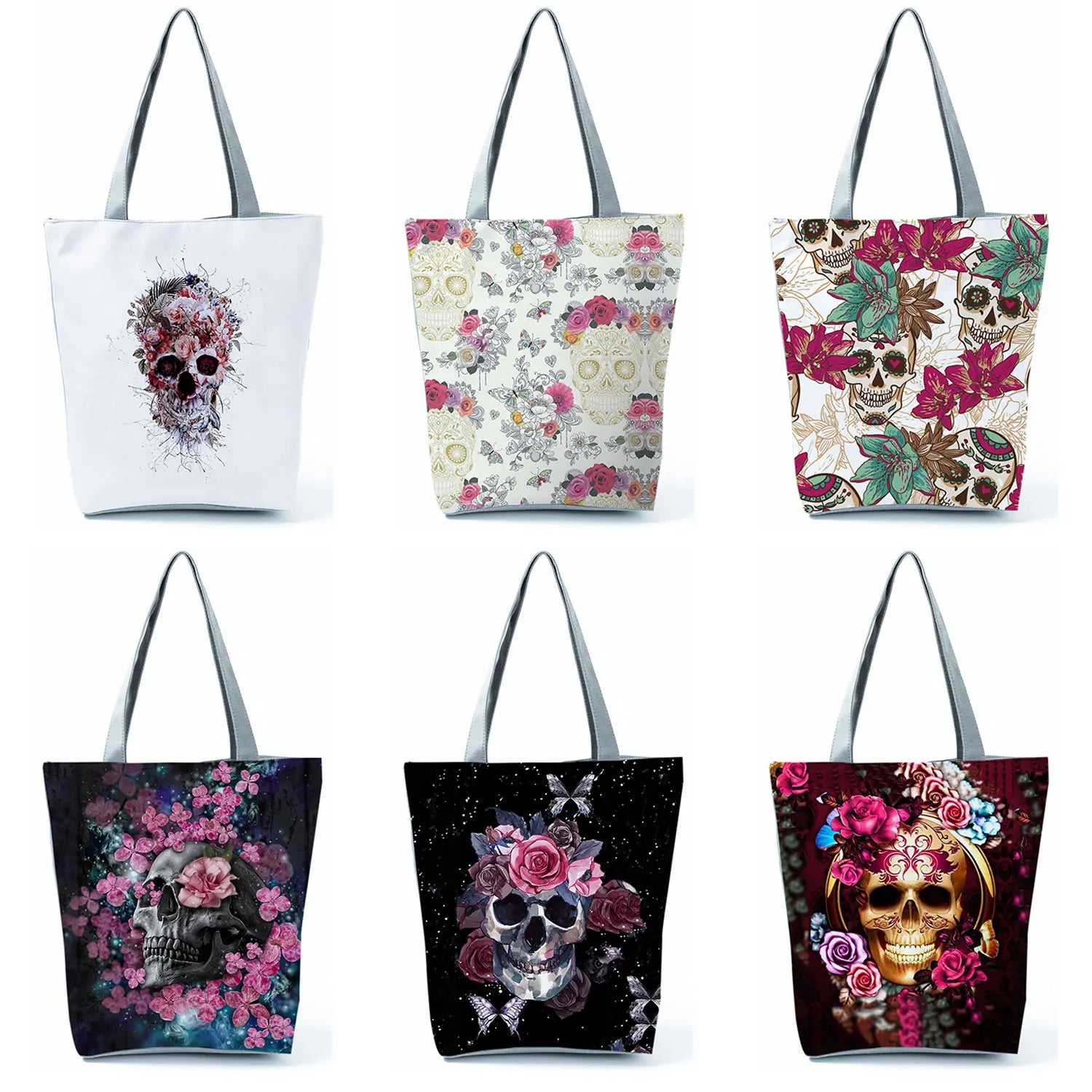 Polyester Handbag Halloween Tote Female Shoulder Bag Skull Floral Pattern