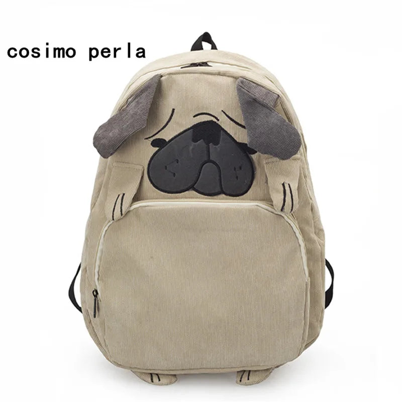 Corduroy Backpacks for Teenage Girls Pug Dog Fox Embroidery Women Schoolbags