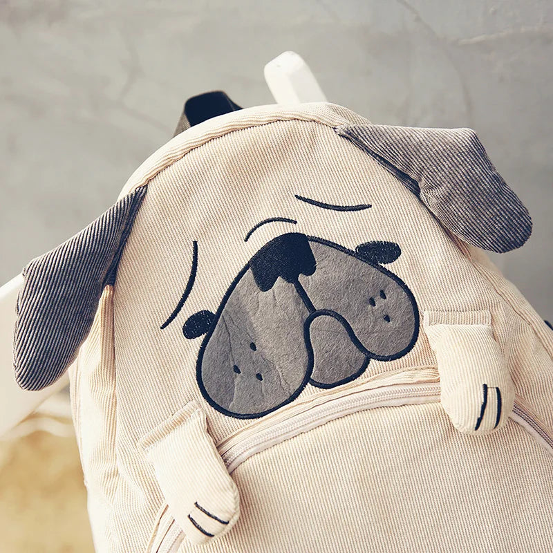 Corduroy Backpacks for Teenage Girls Pug Dog Fox Embroidery Women Schoolbags