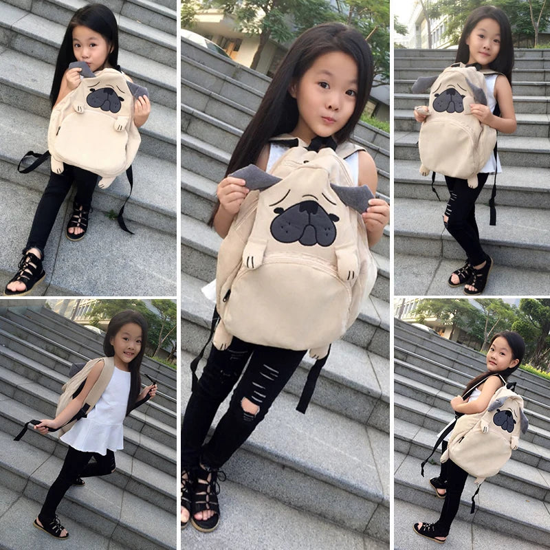 Corduroy Backpacks for Teenage Girls Pug Dog Fox Embroidery Women Schoolbags
