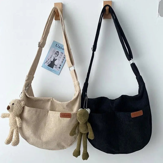 Corduroy Shoulder Bag Crossbody Messenger School Handbag for Women Girls