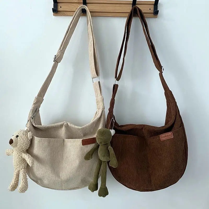 Corduroy Shoulder Bag Crossbody Messenger School Handbag for Women Girls