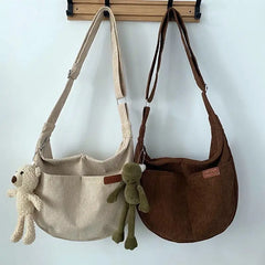 Corduroy Shoulder Bag Crossbody Messenger School Handbag for Women Girls