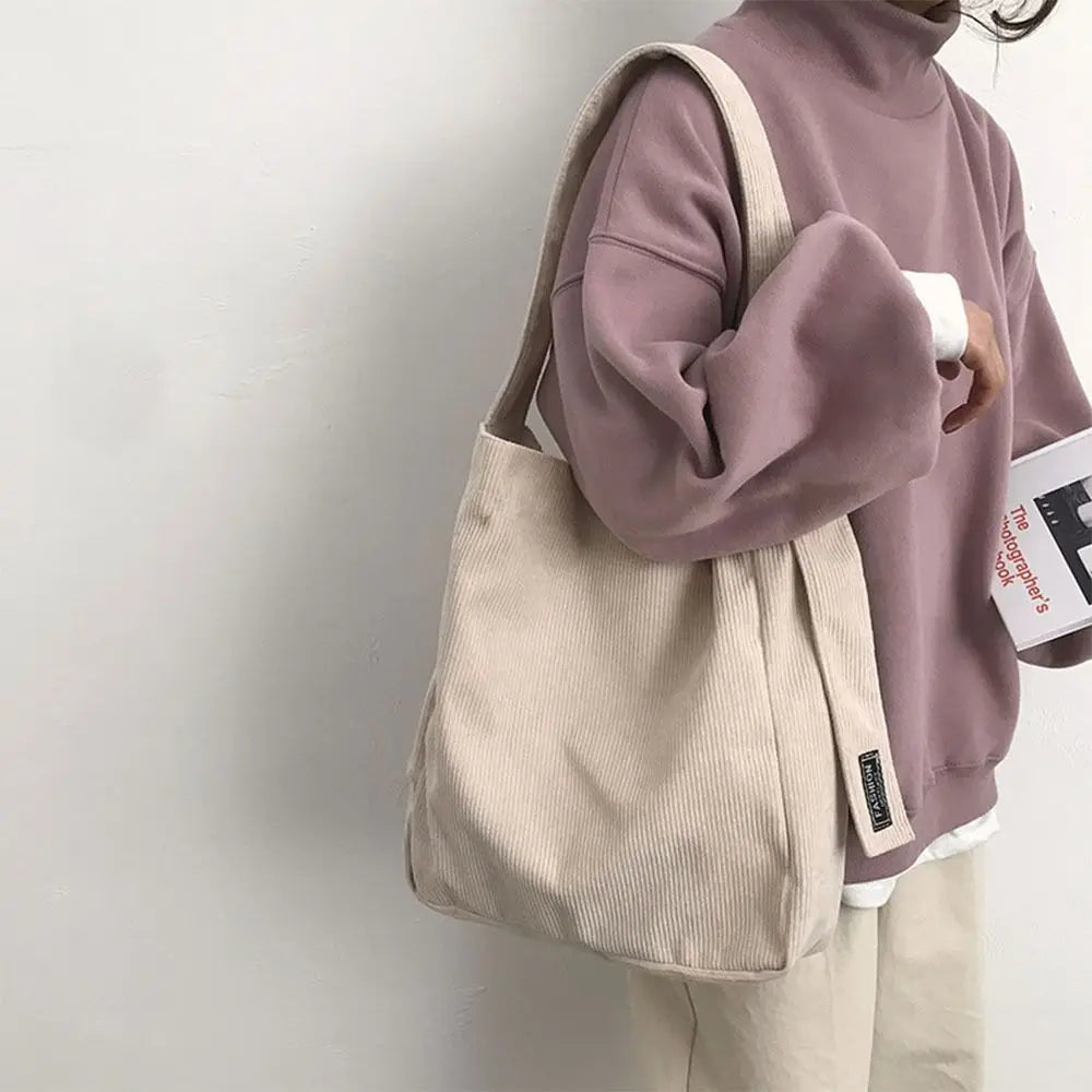 Corduroy Shoulder Bag for Women Solid Eco Shopping Orangnizer Large Totes