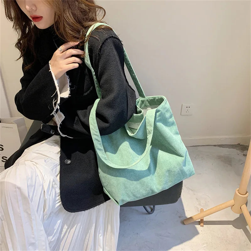 Corduroy Tote Women's Bag Shopper Large Capacity Solid Shopping Handbags