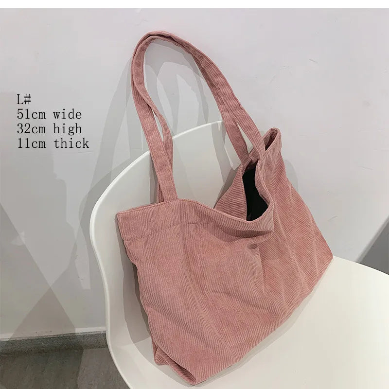 Corduroy Tote Bags Winter Shoulder Zipper Eco Large Capacity