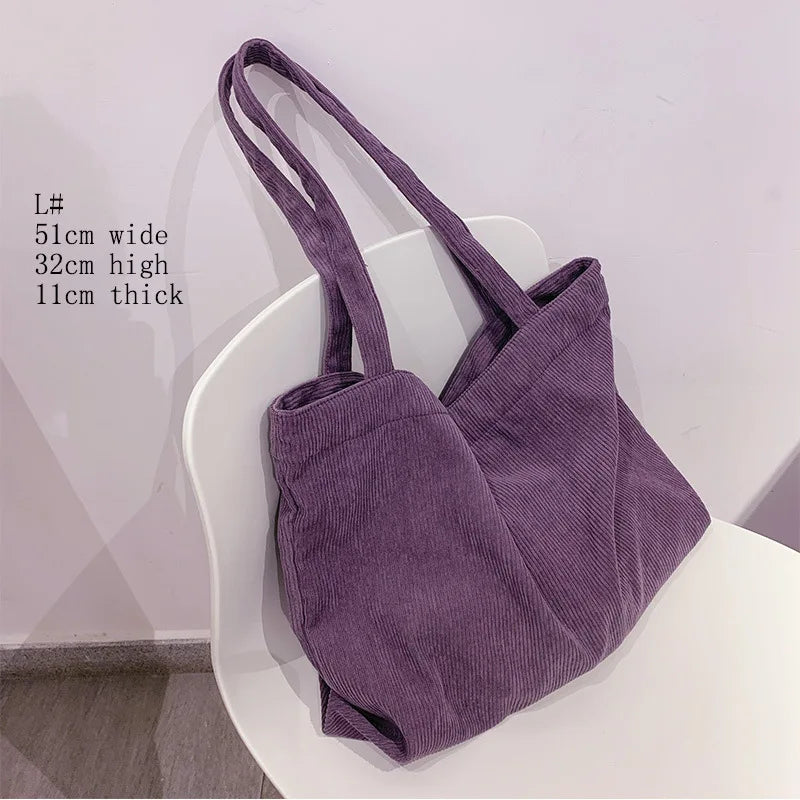 Corduroy Tote Bags Winter Shoulder Zipper Eco Large Capacity