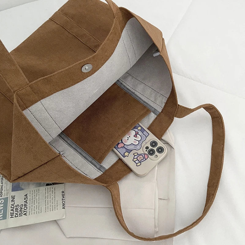 Corduroy Tote Bags for Women Foldable Shopper Eco-friendly Shoulder Bag