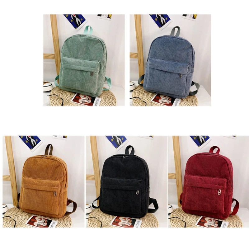 Corduroy Unisex School Backpack Casual Rucksack Lightweight Water Resistant