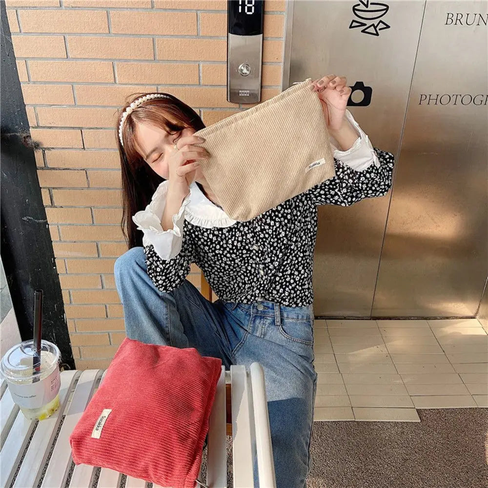 Corduroy Women Cosmetic Bag Cotton Makeup Pouch Hand Travel Lipstick Organizer
