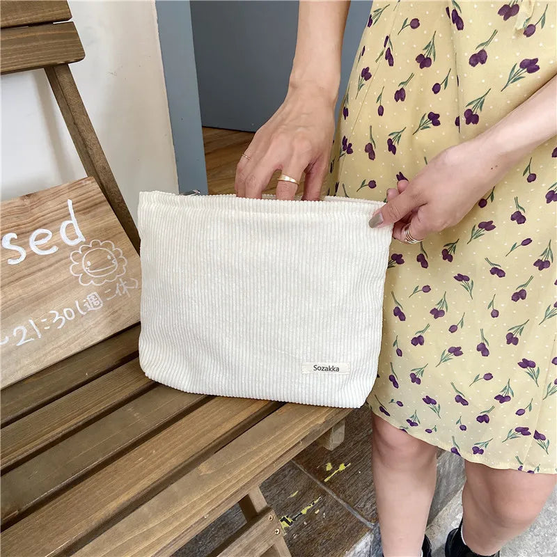 Corduroy Women Cosmetic Bag Makeup Pouch Hand Travel Zipper Clutch Phone Purse