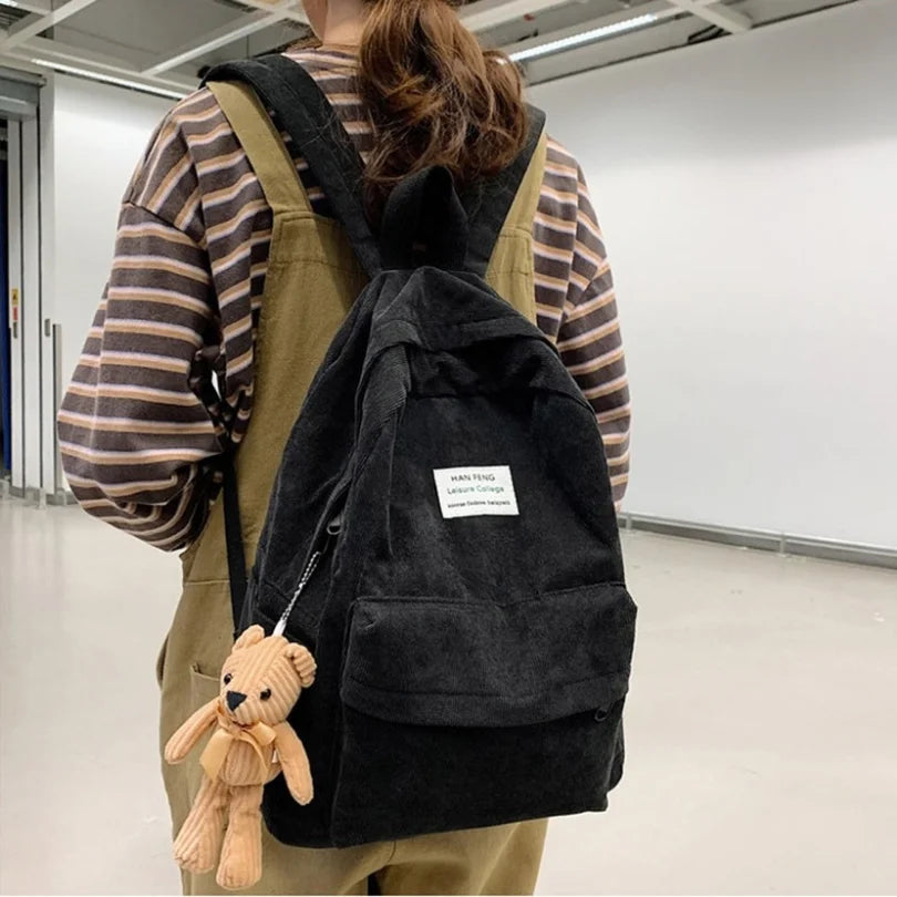 Corduroy Women's Backpack High School College Book Bag Retro Female