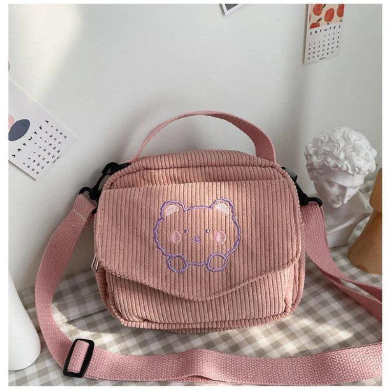 Corduroy Zipper Bag Preppy Style Student Tote Shoulder Messenger Bags