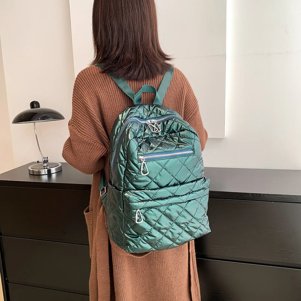 Cotton Padded Backpack Waterproof Rhombic Lattice Bags For Women