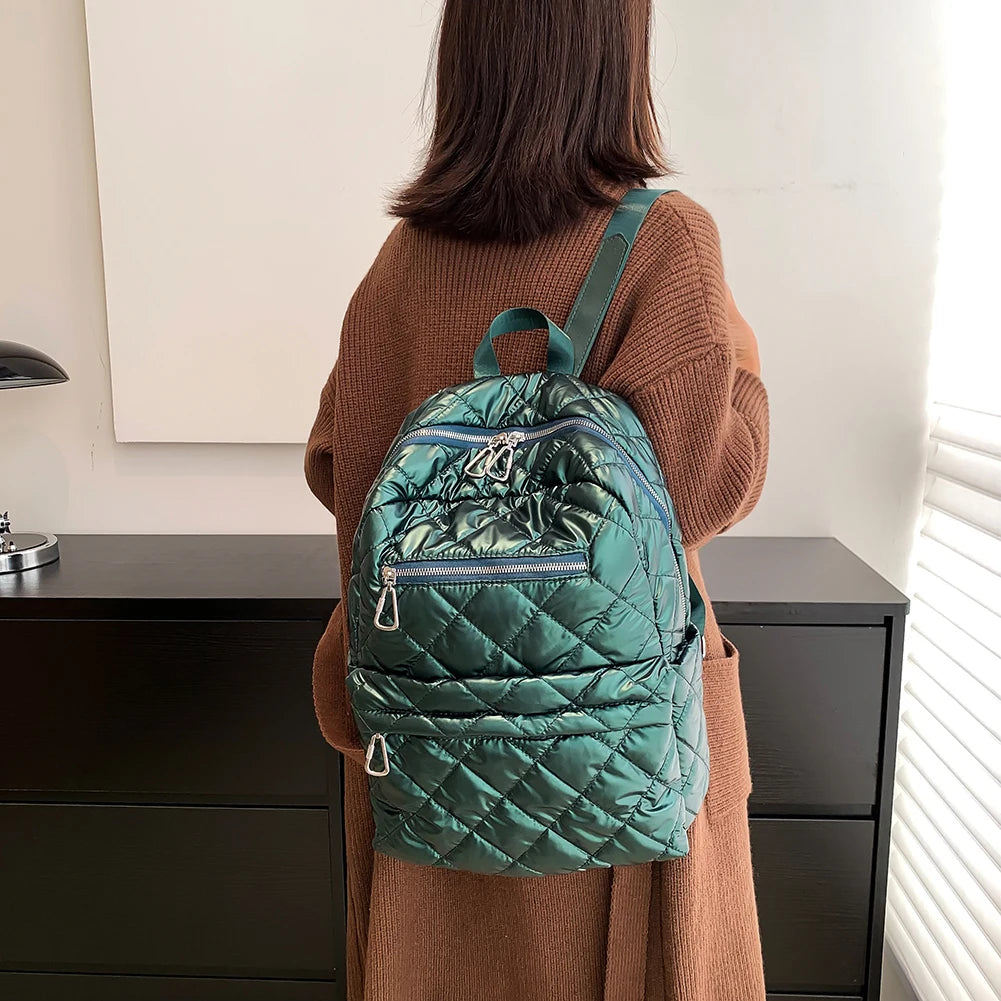 Cotton Padded Backpack Waterproof Rhombic Lattice Bags For Women